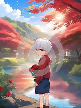 A cute little boy with white hair holding red roses in his hand.