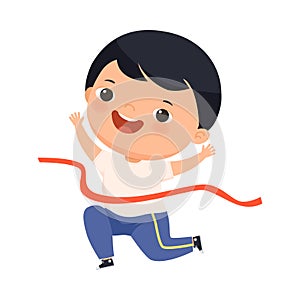 Cute Little Boy Winner Breaking the Tape in Running Marathon Vector Illustration