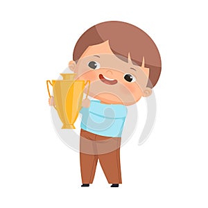 Cute Little Boy Winner with Gold Cup or Goblet Vector Illustration