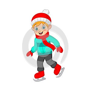 Cute little boy in winter clothes playing ice skating