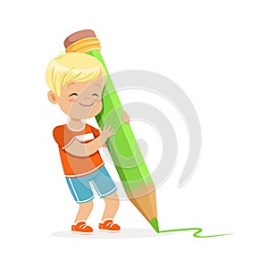 Cute little boy writing with a giant green pencil cartoon vector Illustration