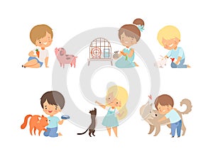 Cute little boys and girls caring of animals set. Kids feeding and hugging piglet, rat, rabbit, kitten and puppy cartoon