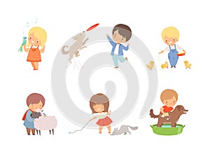 Cute little boys and girls caring of animals set. Kids feeding, playing, washing dog, parrot, chicken, sheep, kitten