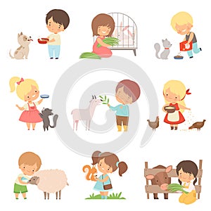 Cute Little Boys and Girls Feeding Animals Set, Adorable Kids Caring for Wild and Domestic Animals Cartoon Vector