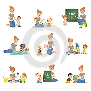 Cute little boys and girls playing and studying set, children study the alphabet, geography, biology, mathematics in