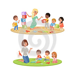 Cute Little Boys and Girls Studying Alphabet with Their Teacher, Kids Education and Upbringing Cartoon Vector