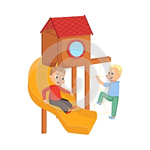 Cute Little Boys Playing on Slide, Kids Having Fun on Playground Cartoon Style Vector Illustration