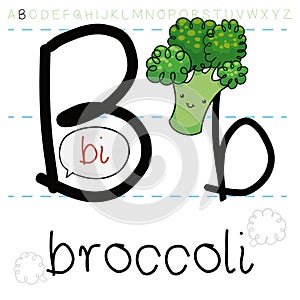 Cute Little Broccoli Teaching at you the Alphabet, Vector Illustration