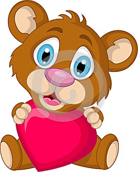 Cute little brown bear cartoon holding heart love