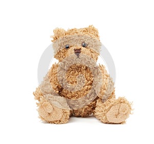 Cute little brown teddy bear, toy is sitting on a white background