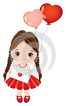 Cute Little Brunette Girl Holding Heart Shape Air Balloons. Vector Cute Girl with Balloons