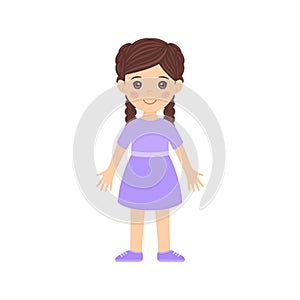 Cute Little Brunette Girl with Pigtails is standing in a dress and shoes. Happy Child Smiles. Female Character full length. Flat