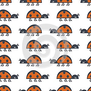 Cute little bugs, ladybugs on white background, vector seamless pattern. Doodle insects. For children`s textiles, bedding,