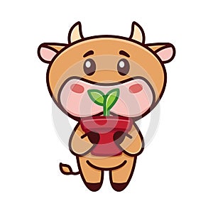 Cute little bull is holding a pot of sprout. The cow is gardening. Vector illustration. Funny logo. Cute childish picture with