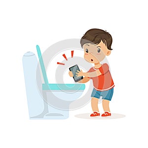 Cute little bully boy throwing phone into the toilet, hoodlum cheerful little kid, bad child behavior vector