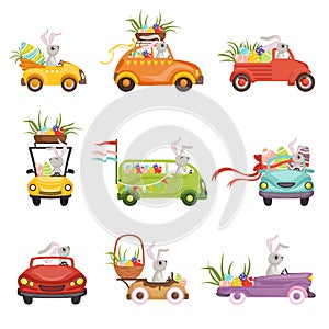 Cute little bunnies driving vintage car decorated with colored eggs set, funny rabbit characters, Happy Easter concept