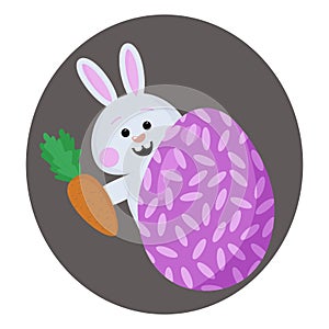 Cute little bunny with carrot and egg. Easter bunny multicolored vector clipart. Easter card, happy Easter.