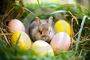 Cute little bunny with colorful easter eggs in lush green grass. Happy easter celebration outdoors.