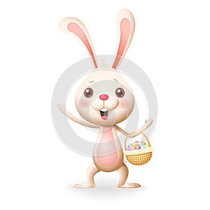 Cute little bunny with decorated eggs in knitted basket celebrate Easter - isolated on white background