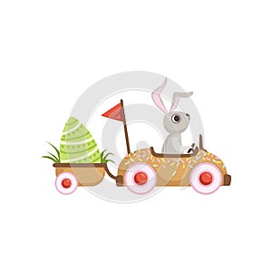 Cute little bunny driving car with green egg, funny rabbit character, Happy Easter concept cartoon vector Illustration