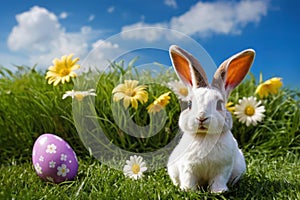 cute little bunny and Easter egg on green grass with spring flowers