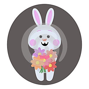 Cute little bunny with flowers. Easter bunny multicolored vector clipart. Easter card, happy Easter.