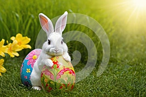 cute little bunny holding big Easter egg on green grass with spring flowers