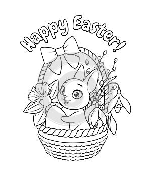 Cute little bunny holding egg in basket with spring flowers. Easter greeting cartoon vector coloring page.