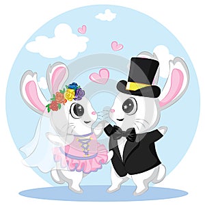 Cute little bunny in love valentine`s day. illustration of wedding couple of bunnies. Just married