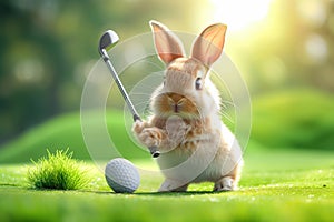 Cute little bunny playing golf.