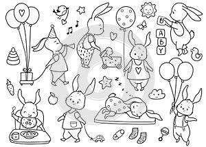 Cute little bunny set, kids coloring page.
