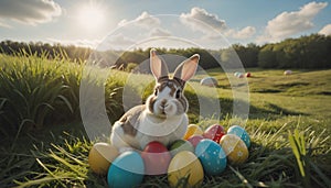 A cute little bunny sits in a nest of grass on many different colored Easter eggs in a meadow in spring