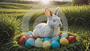 A cute little bunny sits in a nest of grass on many different colored Easter eggs in a meadow in spring