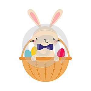 Cute Little Bunny Sitting in Basket with Colorful Eggs, Adorable Pink Easter Rabbit, Easter Egg Hunt Card, Poster