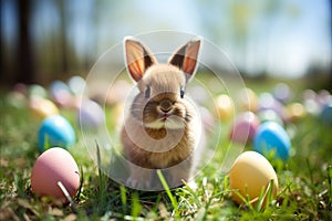 Cute Little Bunny Surrounded by Colored Easter Eggs on Fresh Spring Grass.