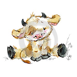 Cute little calf JPEG, PNG. funny cow watercolor illustration. cartoon bul.