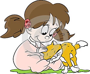 Cute little cartoon baby girl petting her cat vector illustration