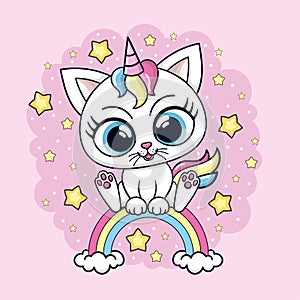 Cute little cartoon cat white unicorn. Vector