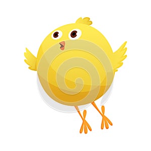 Cute little cartoon chick try to fly isolated on a white background. Funny yellow chicken. Vector illustration of little