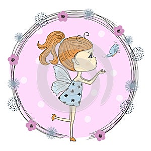 Cute little cartoon girl in a butterfly costume.