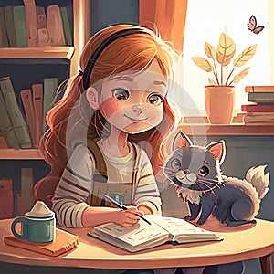 Cute little cartoon girl with her kitten doing homework at home. Kids education concept