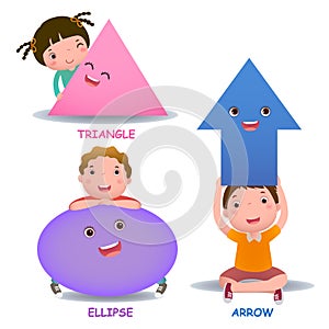 Cute little cartoon kids with basic shapes ellipse arrow