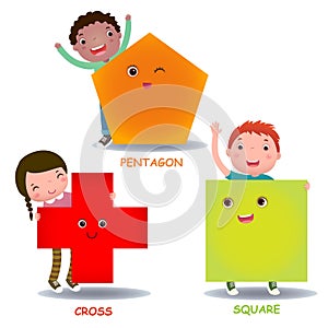 Cute little cartoon kids with basic shapes square cross pentagon photo