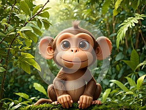 A cute little cartoon monkey on background of green vegetation