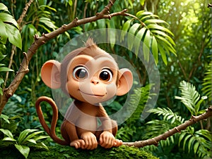 A cute little cartoon monkey on background of green vegetation