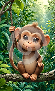 A cute little cartoon monkey on background of green vegetation