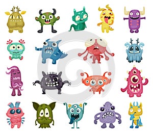 Cute Little Cartoon Monsters with Different Facial Expression Big Vector Set