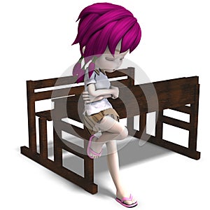 Cute little cartoon school girl leaning on a