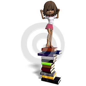 Cute little cartoon school girl with many books.