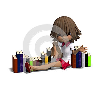 Cute little cartoon school girl with many books.